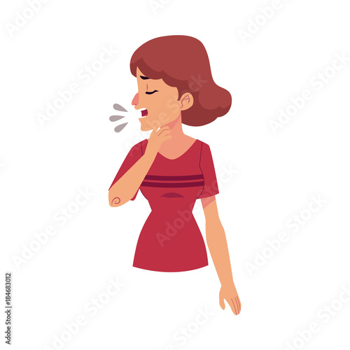 Woman suffering from cough, symptom of flu, cartoon vector illustration isolated on white background. Half length portrait of unhappy girl, woman having flu, coughing