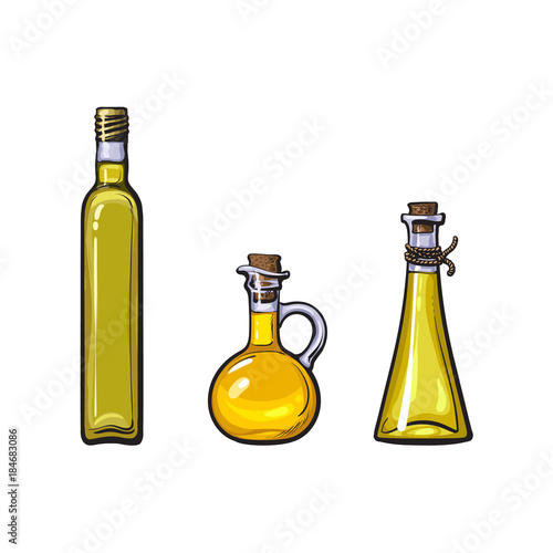 vector sketch extra virgin olive oil glass bottles and jars set for logo icon brand design. Isolated illustration on a white background Fresh natural food, agriculture and healthy eating concept