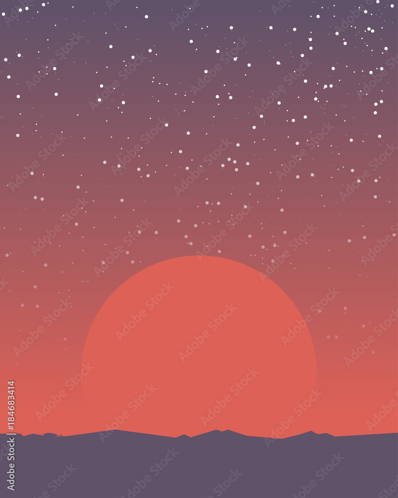 Space retro background. Planet surface like Mars and huge red giant sun rising above the horizon. Gradient planet sky. Mountains and rocks on planet horizon. A lot of bright stars on the sky.