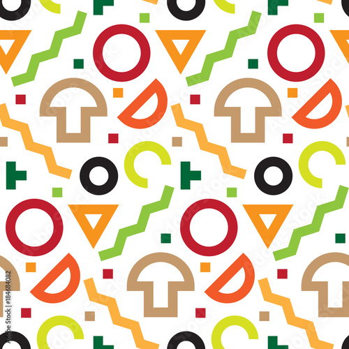 Vector Seamless texture. Slices and various ingredients. Memphis style.