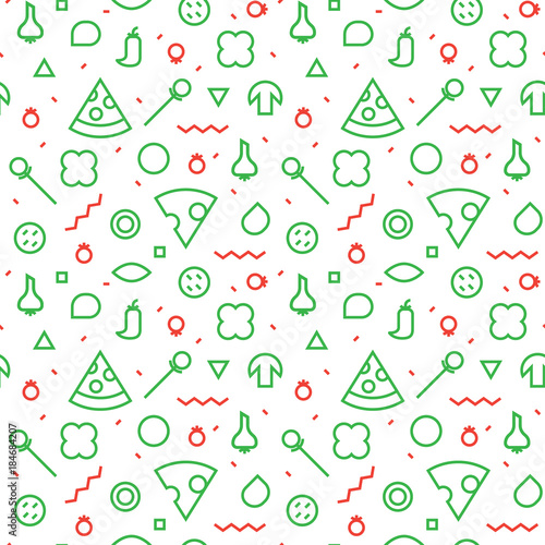 Vector Seamless texture. Slices and various ingredients. Memphis style.