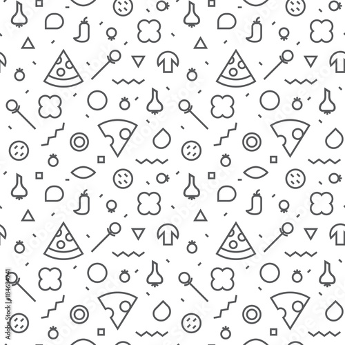 Vector Seamless texture. Slices and various ingredients. Memphis style.
