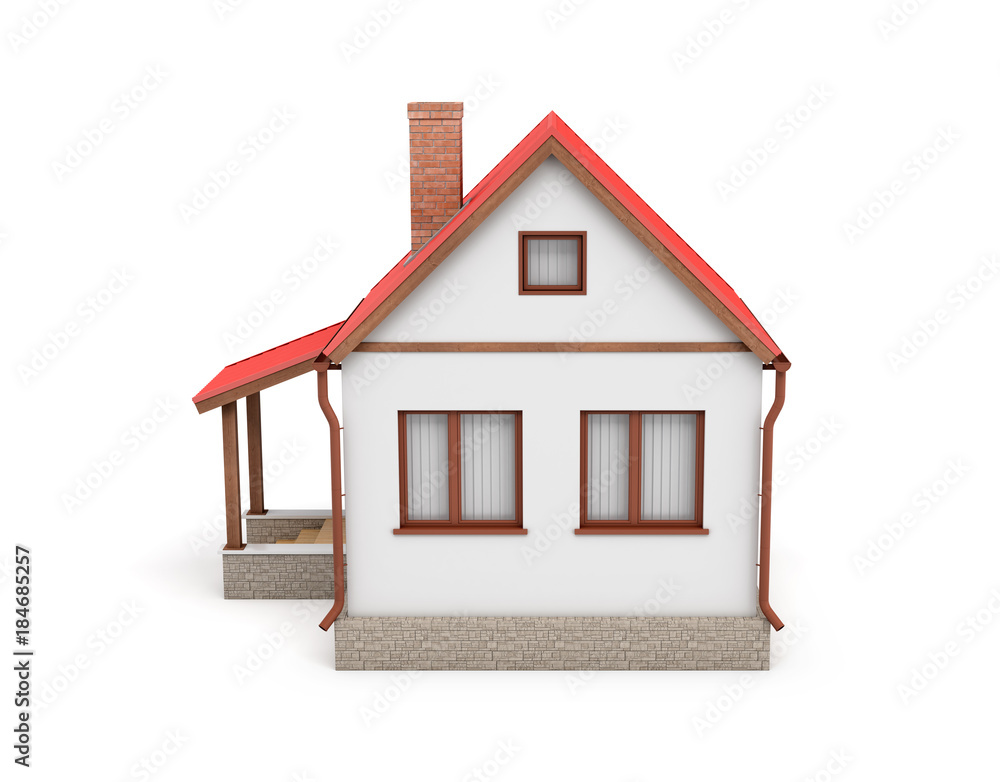 3d rendering of a small residential house with a chimney and a red roof on a white background. 3d rendering of a small residential house with a chimney and a red roof on a white background.