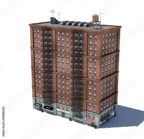 Fototapeta Naklejka Na Ścianę i Meble -  3d rendering of a red brick apartment building with fire escapes and shops on the ground floor.