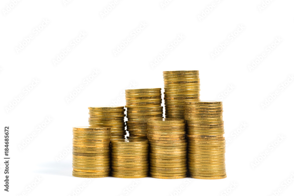 Increasing columns of coins, step of stacks coin isolated on white background with copy space for business and financial concept. Increasing columns of coins, step of stacks coin isolated on white background with copy space for business and financial concept.