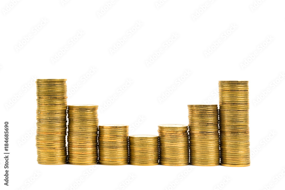 Increasing columns of coins, step of stacks coin isolated on white background with copy space for business and financial concept. Increasing columns of coins, step of stacks coin isolated on white background with copy space for business and financial concept.