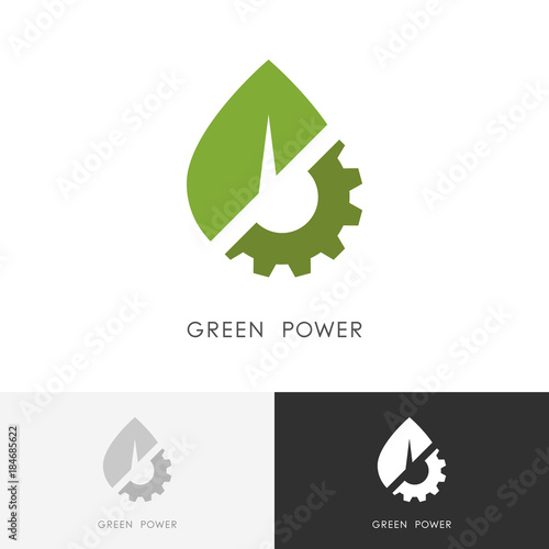 Green power logo - leaf and gear wheel or pinion symbol. Alternative energy source, industry and ecology vector icon.