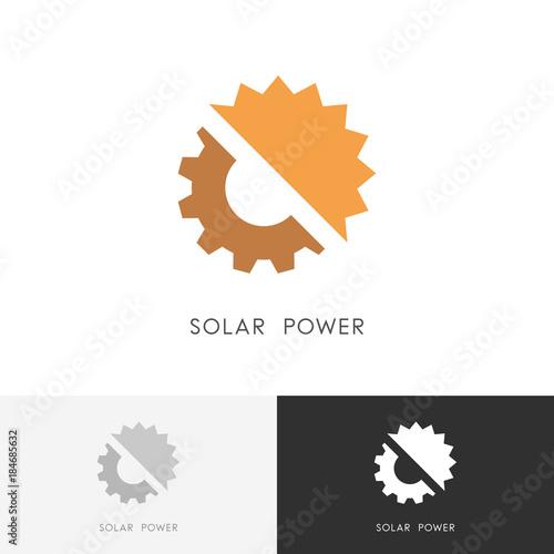 Solar power logo - sun and gear wheel or pinion symbol. Alternative energy source, industry and ecology vector icon.