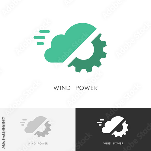 Wind power logo - cloud and gear wheel or pinion symbol. Alternative energy source, industry and ecology vector icon.