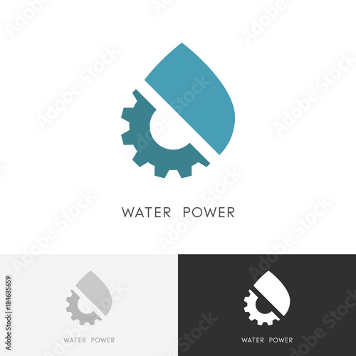 Water power logo - drop of water and gear wheel or pinion symbol. Alternative energy source, industry and ecology vector icon.