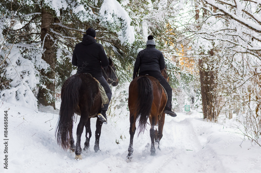 Man and woman rides on horses through snowy landscape
