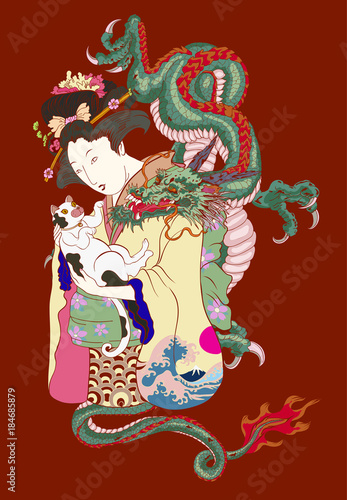 Traditional Japanese tattoo style.Japanese women in kimono with her cat and Old dragon.Hand drawn geisha girl and kitten on back tattoo.Old dragon with peony flower and chrysanthemum on background.