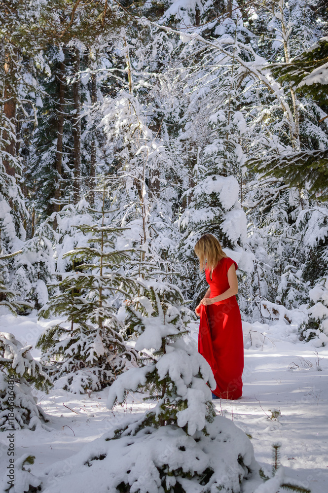 Beautiful blonde woman in a red dress in winter a snowy forest