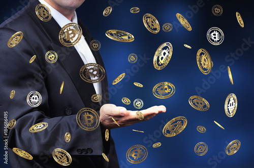 Virtual cryptocurrency concept with golden coins of bitcoin