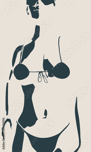Beautiful sexy fitness girl. Pretty woman wearing bikini and sunglasses. Front view.