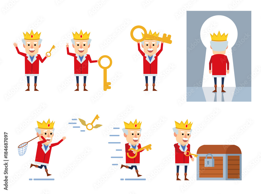 Set of funny king characters posing with key. Old king holding big golden key, running, opening treasure chest and showing other actions. Flat style vector illustration Set of funny king characters posing with key. Old king holding big golden key, running, opening treasure chest and showing other actions. Flat style vector illustration