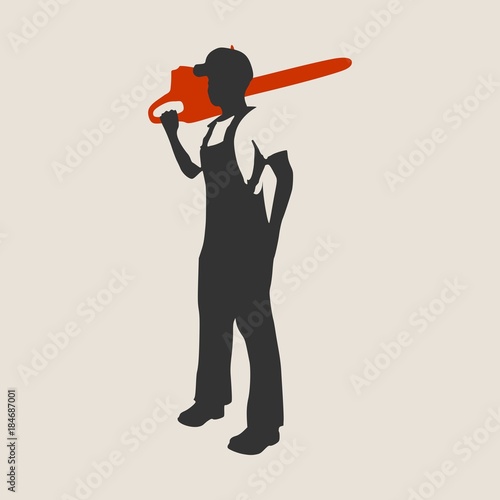 Lumberjack worker standing with chainsaw. Vector silhouette