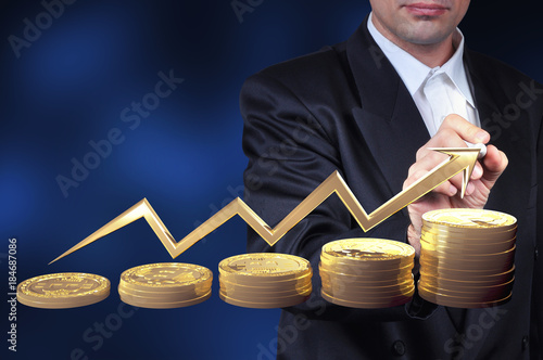 Virtual cryptocurrency concept with golden coins of bitcoin