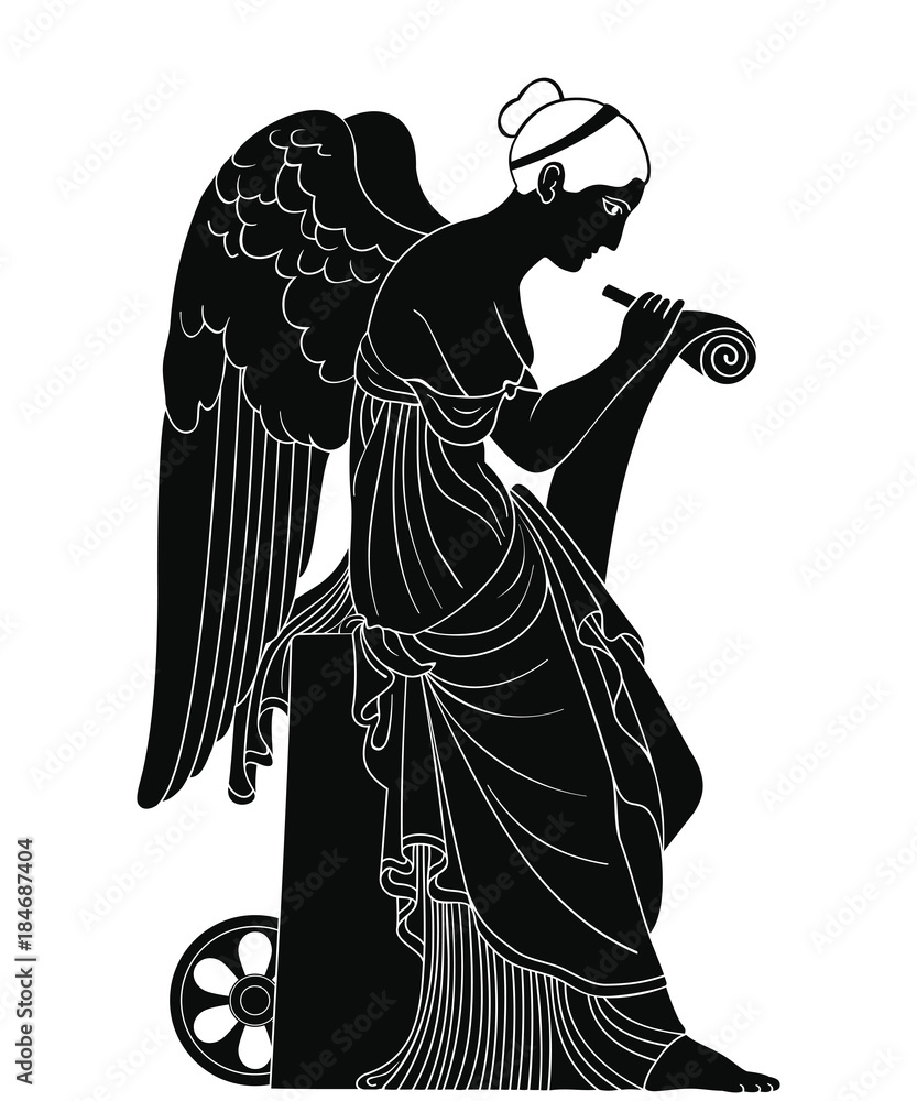 Ancient Greek goddess Nemesis with wings sits, holds a papyrus and ...