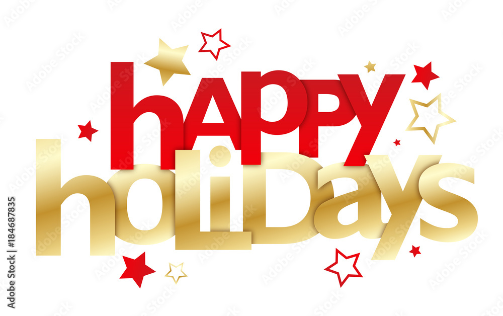 “HAPPY HOLIDAYS!” Gold and Red Vector Typography with Stars Stock