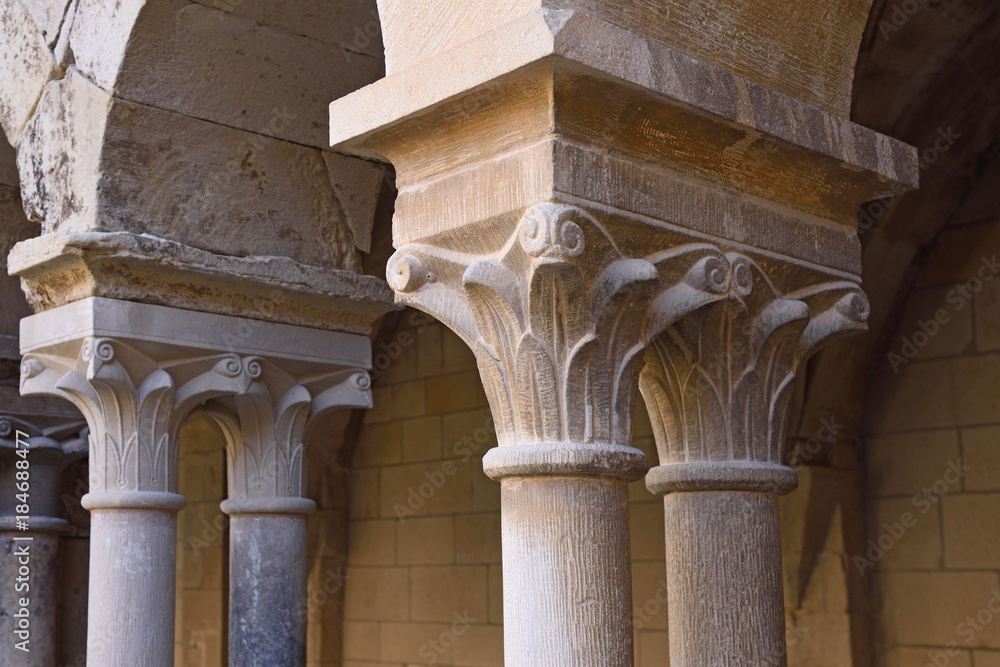 capitals of the cloister of the monastery of Vallbona de les Monges, Lleida province, Catalonia, Spain