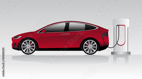 Modern electric car charging at the charger station. Vector illustration EPS 10