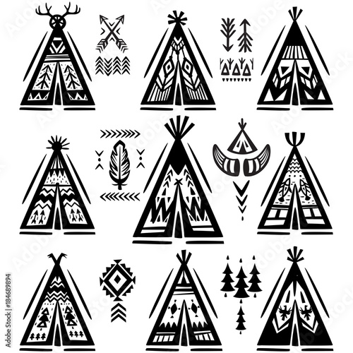 Set of tee-pee or wigwams with ornamental elements
