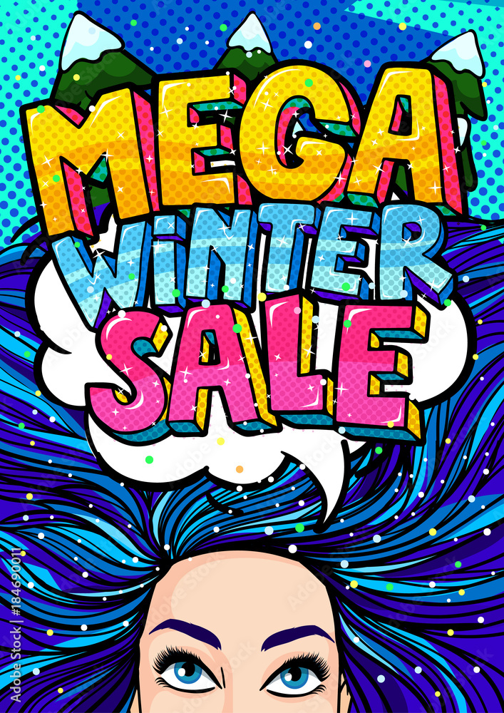 Open mouth and Mega Winter Sale Message in pop art style