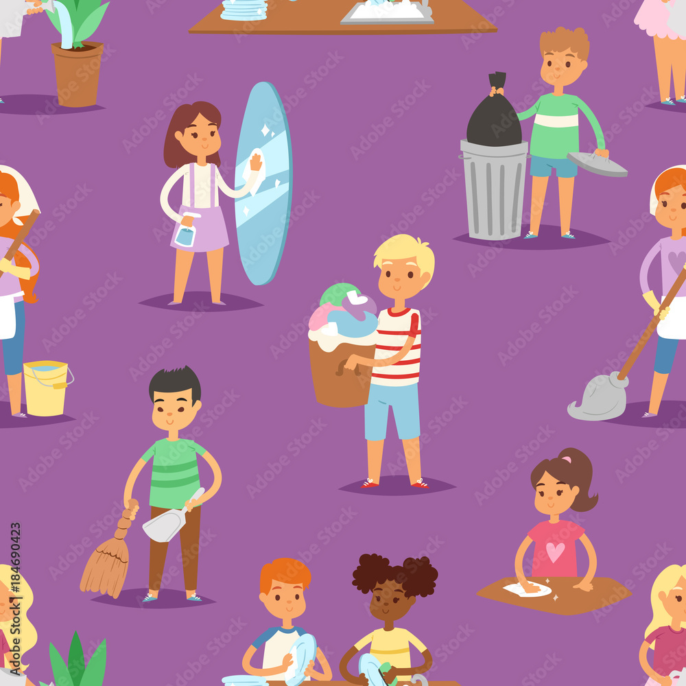 Kids vector cleaning rooms and helping their mums housework cartoon characters clean up illustration colorful set seamless pattern background Kids vector cleaning rooms and helping their mums housework cartoon characters clean up illustration colorful set seamless pattern background