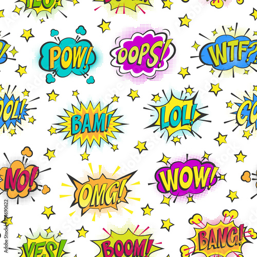 Pop art comic bubbles vector cartoon popart balloon bubbling colorful speech cloud asrtistic comics shapes isolated on white background illustration seamless pattern background