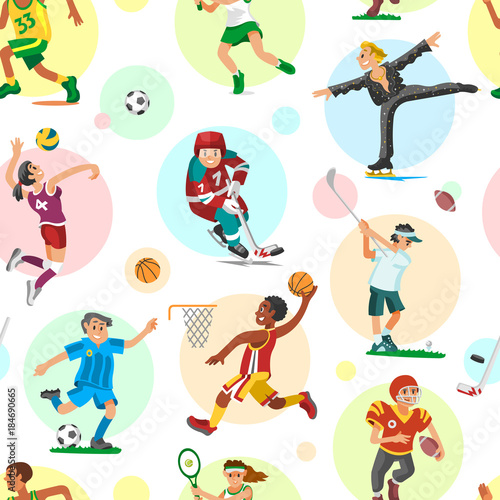 Sport people woman and man flat fitness activities workout athletic sportsmen characters vector illustration seamless pattern background