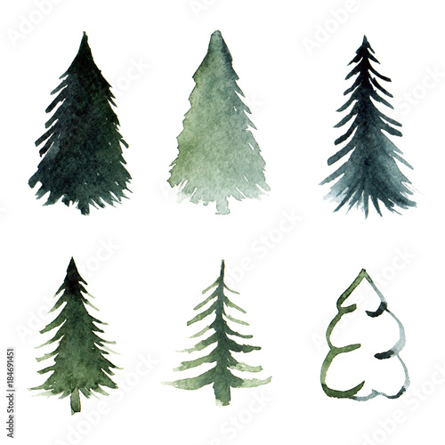 Fir-tree set isolated. Green coniferous forest silhouettes. Hand-drawn watercolor illustration