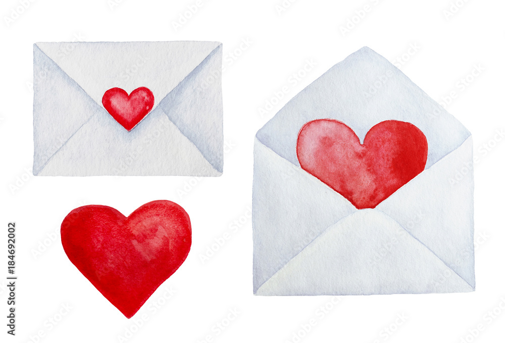 Set of two envelopes with hearts, opened one and closed, and stand alone red heart. Valentine's day, greeting card, invitation clip art. Hand drawn watercolour isolated illustration, white background. Set of two envelopes with hearts, opened one and closed, and stand alone red heart. Valentine's day, greeting card, invitation clip art. Hand drawn watercolour isolated illustration, white background.