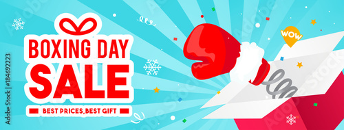 Boxing day Sale vector illustration, Boxing glove coming out of gift box.