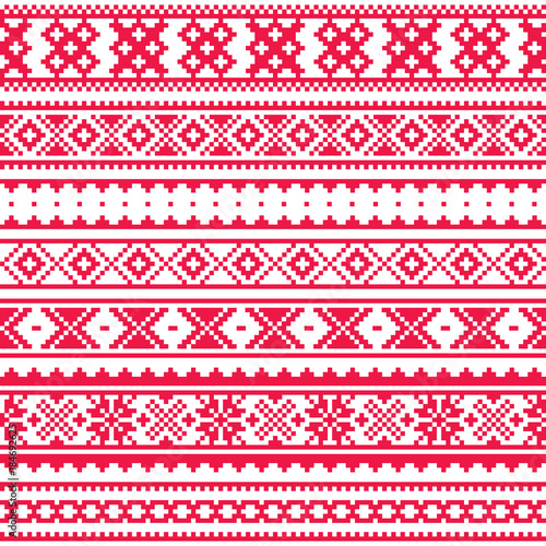 	
Lapland traditional red folk art design, Sami vector seamless pattern, Scandinavian, Nordic background
