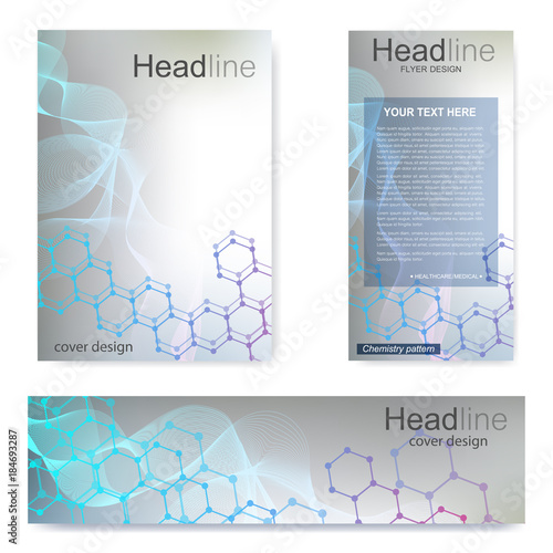 Set flyer, brochure size A4 template,banner. Molecular structure with connected lines and dots. Scientific pattern atom DNA with elements for magazine, leaflet, cover, poster design.