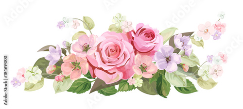 Bouquet of roses, spring blossom. Horizontal border with red, mauve, pink flowers, buds, green leaves on white background. Digital draw illustration in watercolor style, vintage, vector