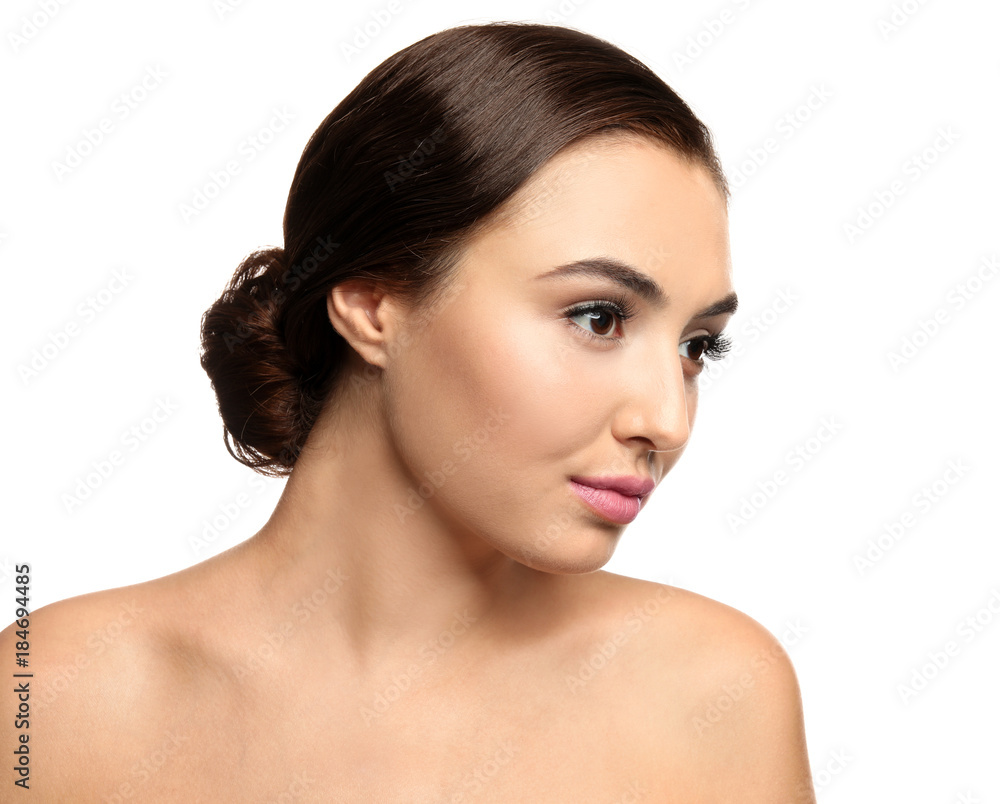 Portrait of beautiful young woman with eyelash extensions on white background Portrait of beautiful young woman with eyelash extensions on white background