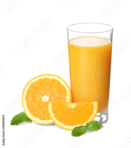 Glass of fresh orange juice on white background