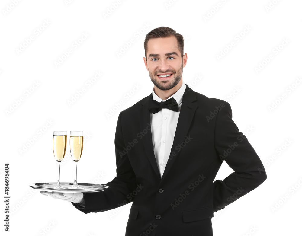 Waiter holding metal tray with glasses of champagne on white background Waiter holding metal tray with glasses of champagne on white background