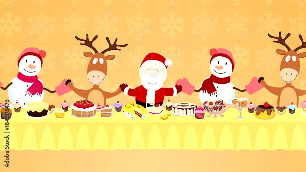 for the gala table sitting Santa Claus,snowmen and reindeer.they sway from side to side.closeup of a deer appears and waves.Christmas card.animated video.text happy new year for the gala table sitting Santa Claus,snowmen and reindeer.they sway from side to side.closeup of a deer appears and waves.Christmas card.animated video.text happy new year