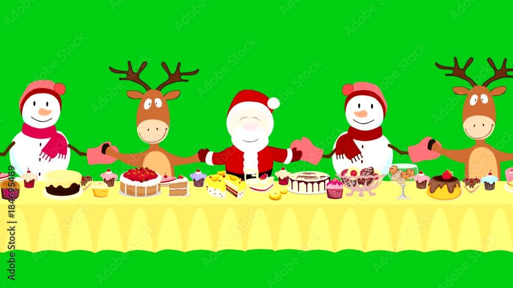 for the gala table sitting Santa Claus,snowmen and reindeer.they sway from side to side.closeup of a deer appears and waves.Christmas card.animated video.used green background for the gala table sitting Santa Claus,snowmen and reindeer.they sway from side to side.closeup of a deer appears and waves.Christmas card.animated video.used green background