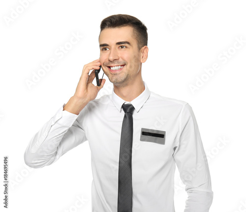 Attractive salesman talking...