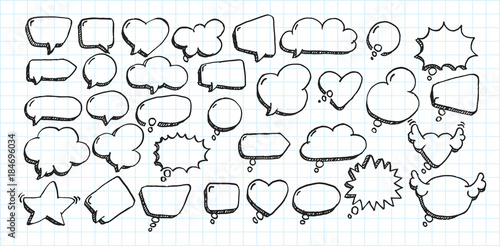 Artistic collection of hand drawn doodle style comic balloon, cloud, heart shaped design elements. Isolated and real pen sketch