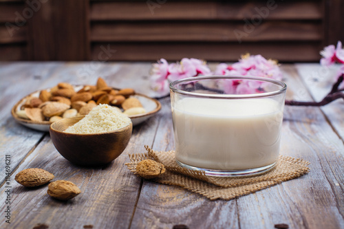 Non dairy vegan almond milk in a tall glass