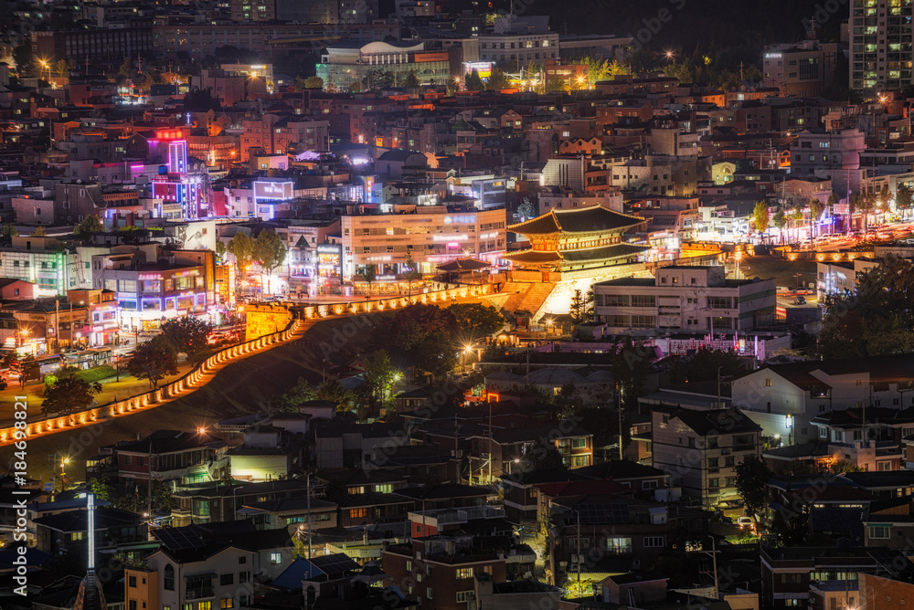 Hwaseong Fortress and Suwon city at night, South Korea.