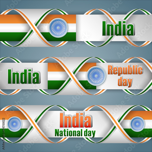 Set of web banners with 3d texts, spinning wheel and Indian flag colors for 26th of January, India, Republic day, celebration; Vector celebration