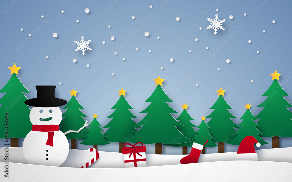 Merry Christmas and Happy New Year, winter landscape with snowman and ornaments , xmas background, paper art style.