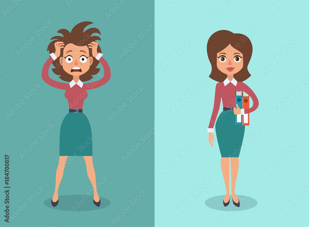Vector illustration of cute cartoon brunette businesswoman in stress