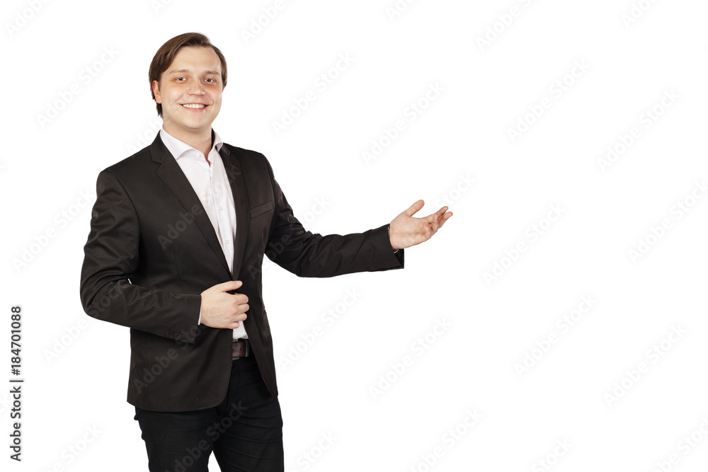 Businessman in a business suit, with an outstretched hand. Isolated on a white background Businessman in a business suit, with an outstretched hand. Isolated on a white background
